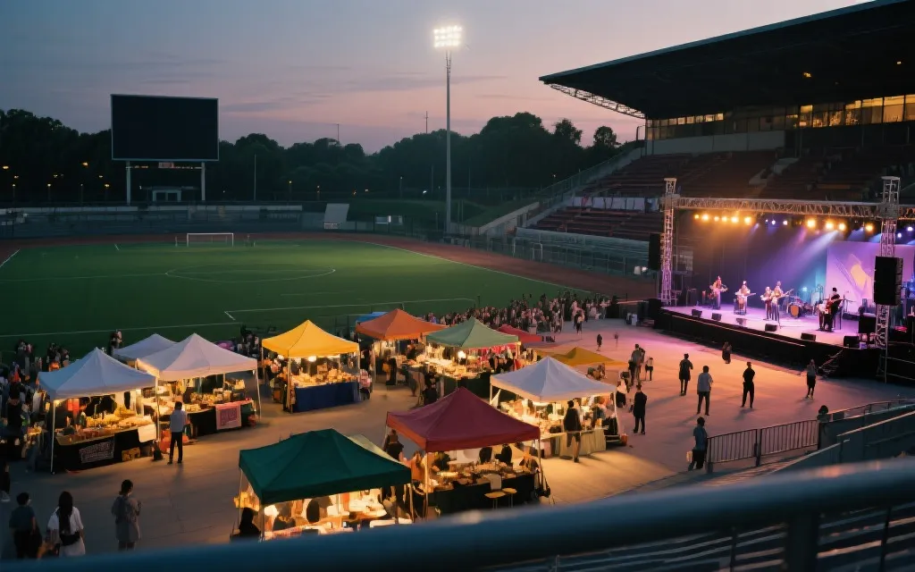 多功能球场赛后运营场景：演唱会、社区活动与商业街区共存