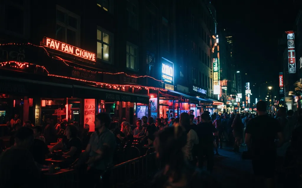 夜晚球迷区灯光与人群氛围，城市夜生活延伸