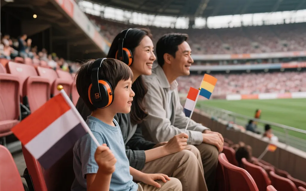 家庭在球场看台上安静观赛，孩子戴着听力防护，氛围温暖