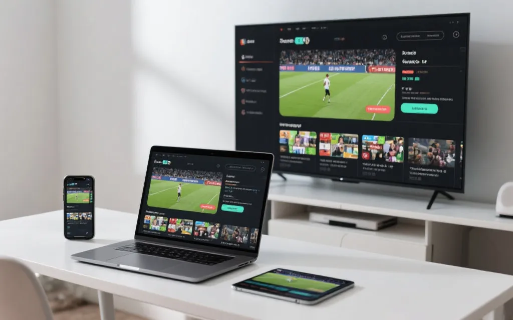 手机、电脑与电视多设备同步观看体育赛事的场景，界面清晰