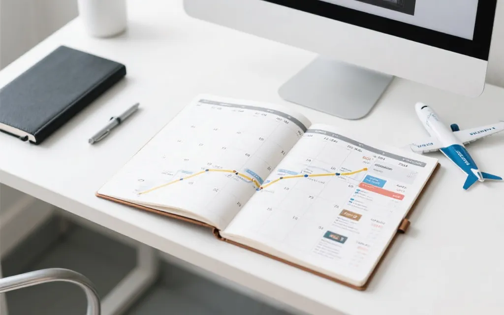 倒推规划：日历、机票与酒店预订界面拼贴，清晰的时间轴与路线图