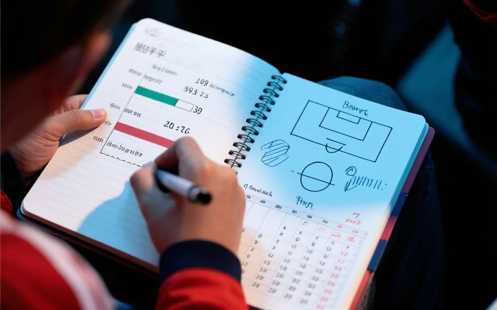 球迷在笔记本上记录概率与比分区间，旁边有战术草图