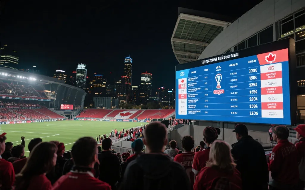 加拿大赛区现场观赛氛围：球场外的积分榜与淘汰赛对阵示意