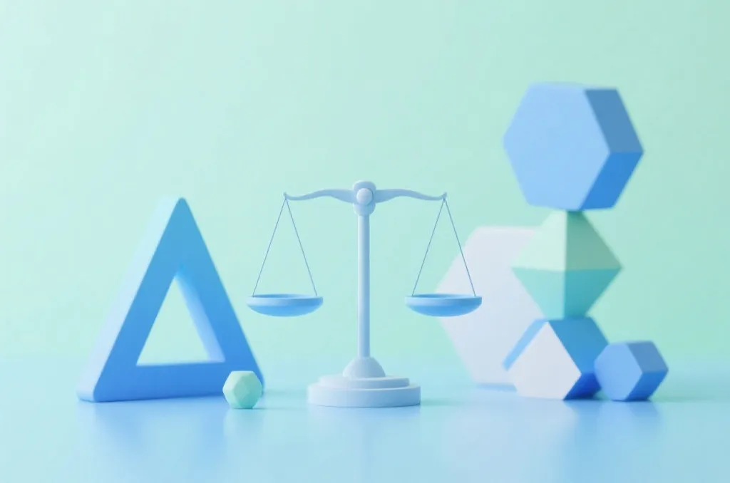 A balanced scale with 3D geometric shapes symbolizing balance and risk control